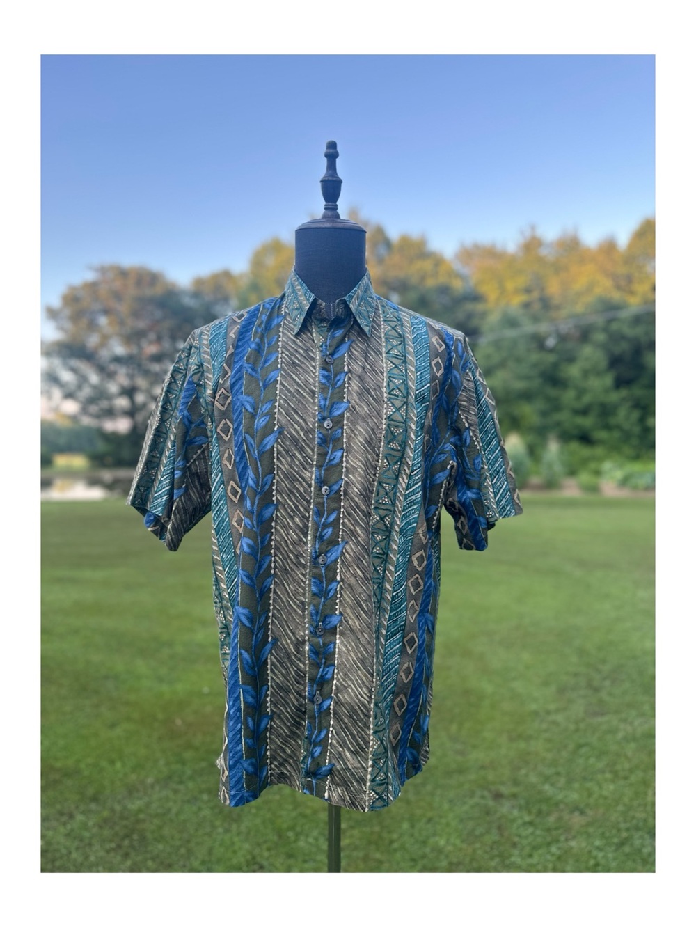 Tori Richard Cotton Lawn Blue and Green Striped Short-Sleeve Hawaiian Shirt